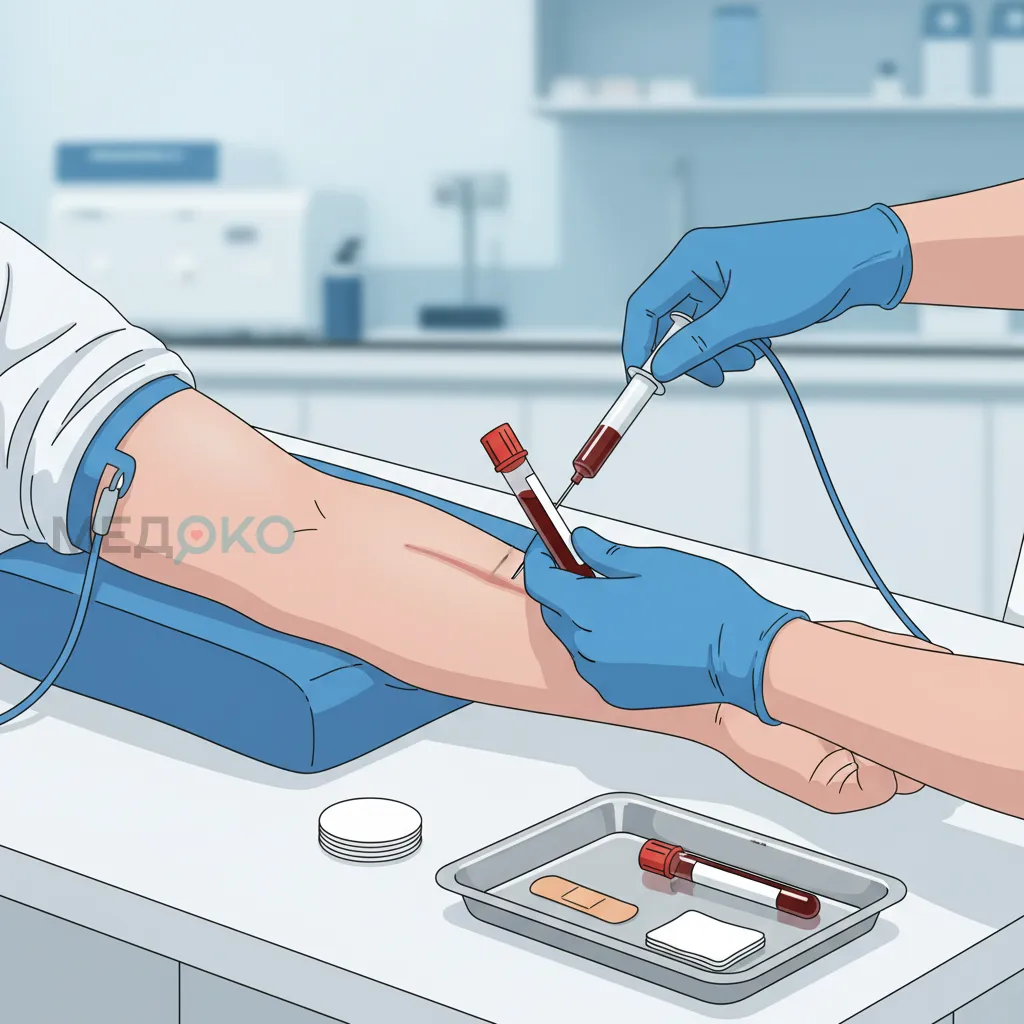 Процедура взятия венозной крови из локтевой вены пациента. 