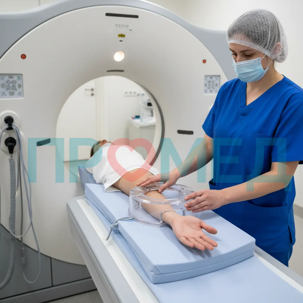 Пациент готовится к процедуре КТ кисти, укладывая руку на стол томографа