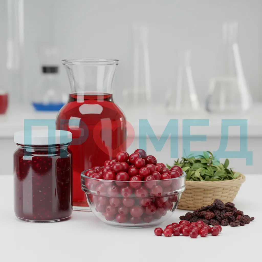 Изображение различных продуктов из брусники: варенье, морс, свежие ягоды, сушеные листья