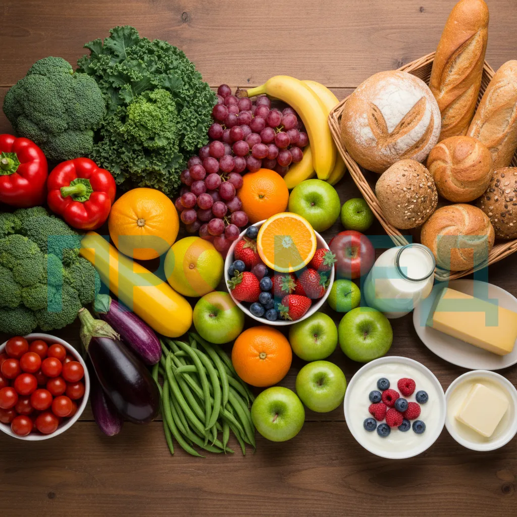 Разнообразные продукты на столе: овощи, фрукты, хлеб, молочные продукты