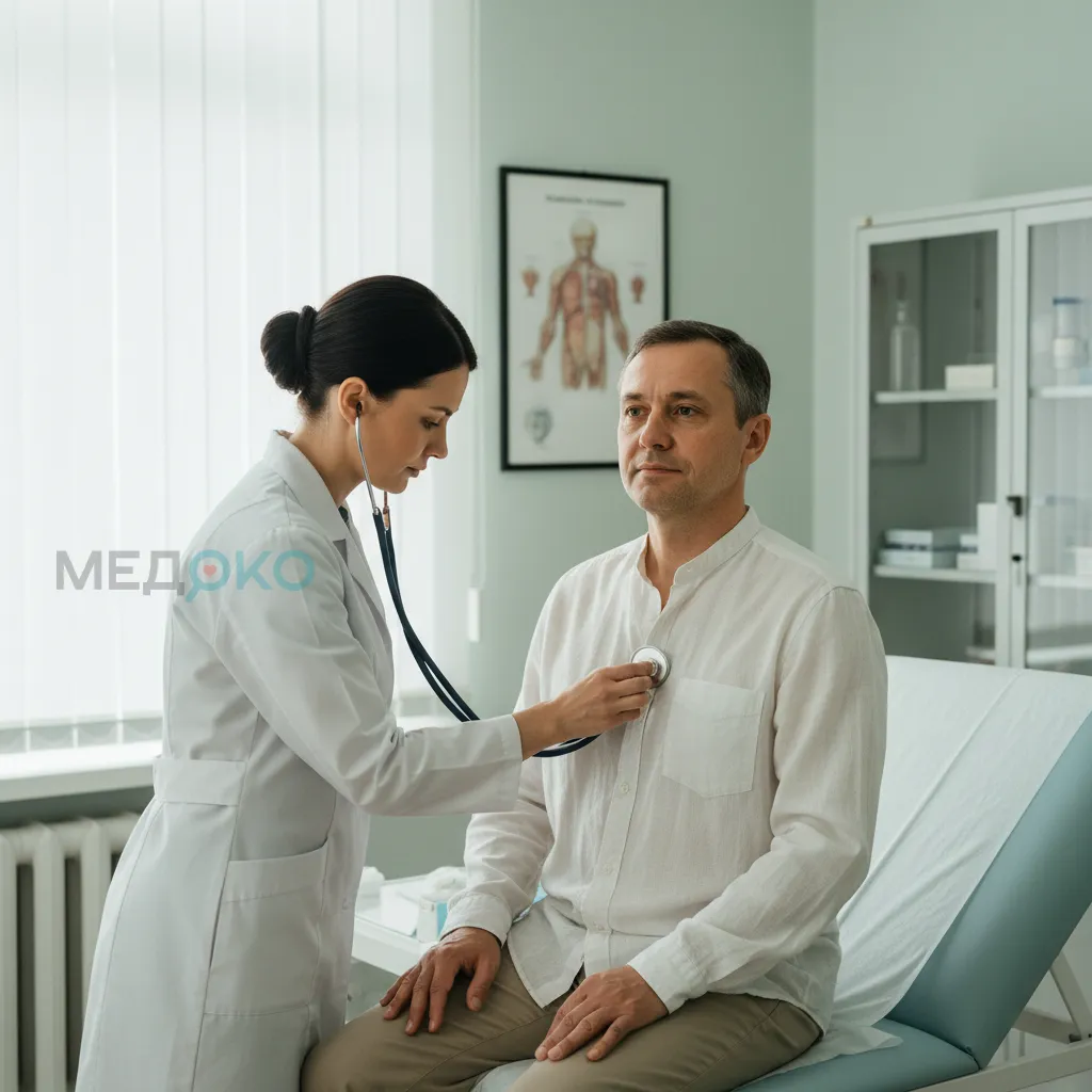 Врач в белом халате слушает стетоскопом пациента, который сидит на кушетке