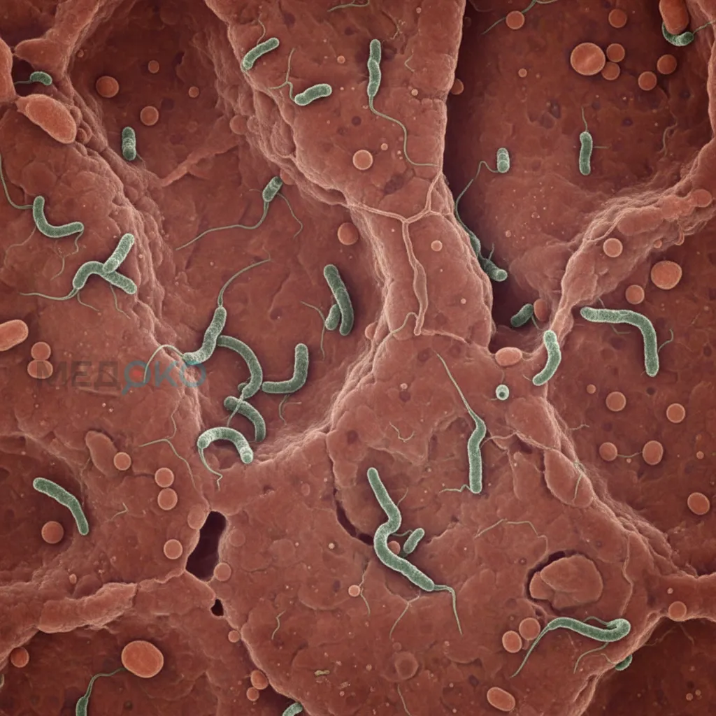 Изображение бактерии Helicobacter pylori на слизистой желудка