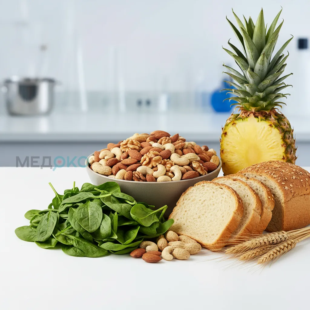 Изображение продуктов, богатых марганцем: орехи, шпинат, ананас, цельнозерновой хлеб.
