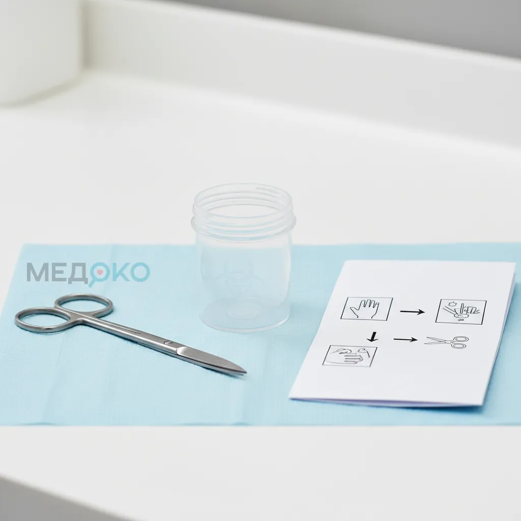 Изображение набора для сбора образцов ногтей: стерильный контейнер, ножницы, инструкция. 