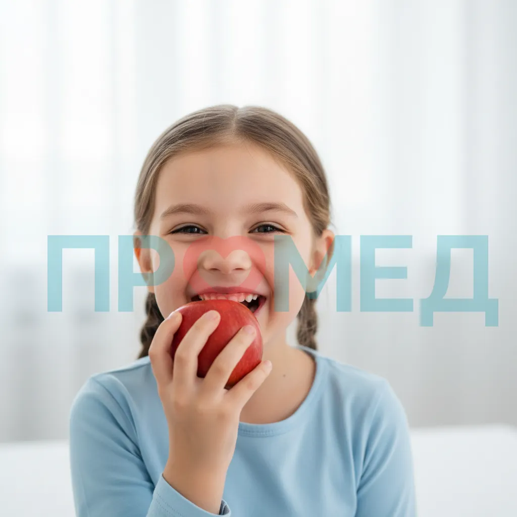  Улыбающаяся девочка ест яблоко 