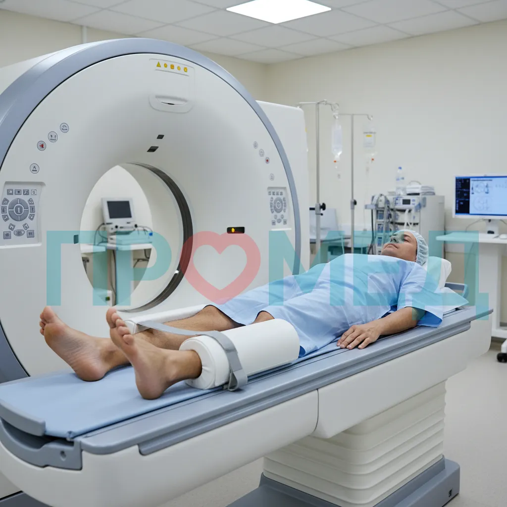 Пациент на столе компьютерного томографа перед началом сканирования голени. 