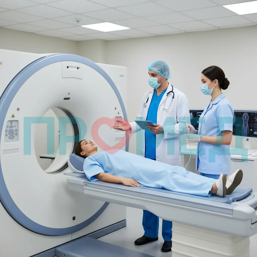 Пациент готовится к процедуре КТ, врач объясняет ход исследования