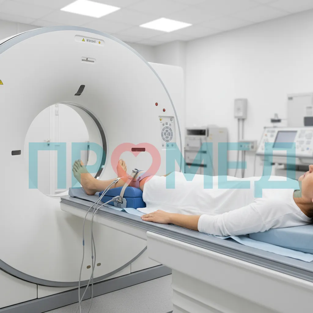 Пациент лежит на столе компьютерного томографа, готовый к сканированию сустава. 