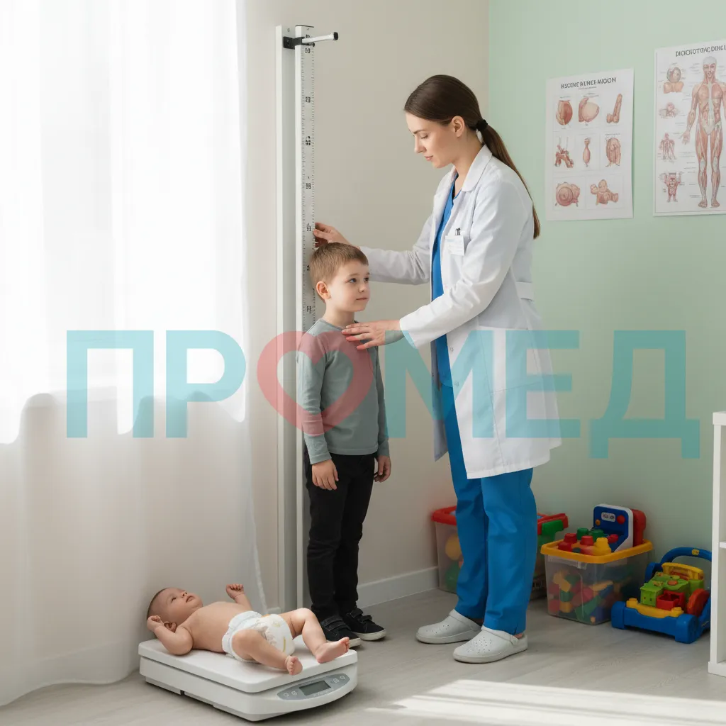 Врач-педиатр измеряет рост и вес ребенка с помощью ростомера и весов