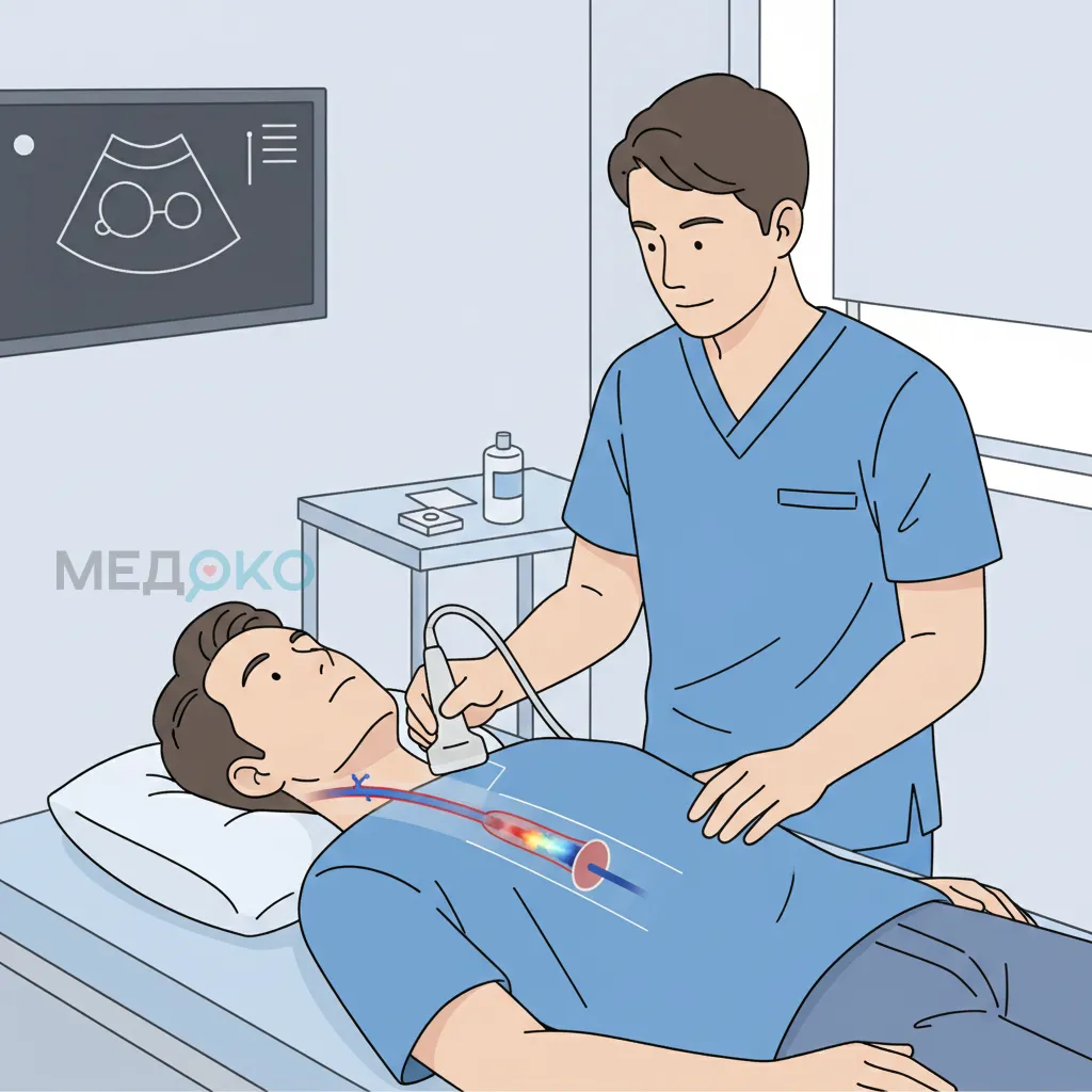 Положение пациента и датчика при УЗИ сонных артерий 