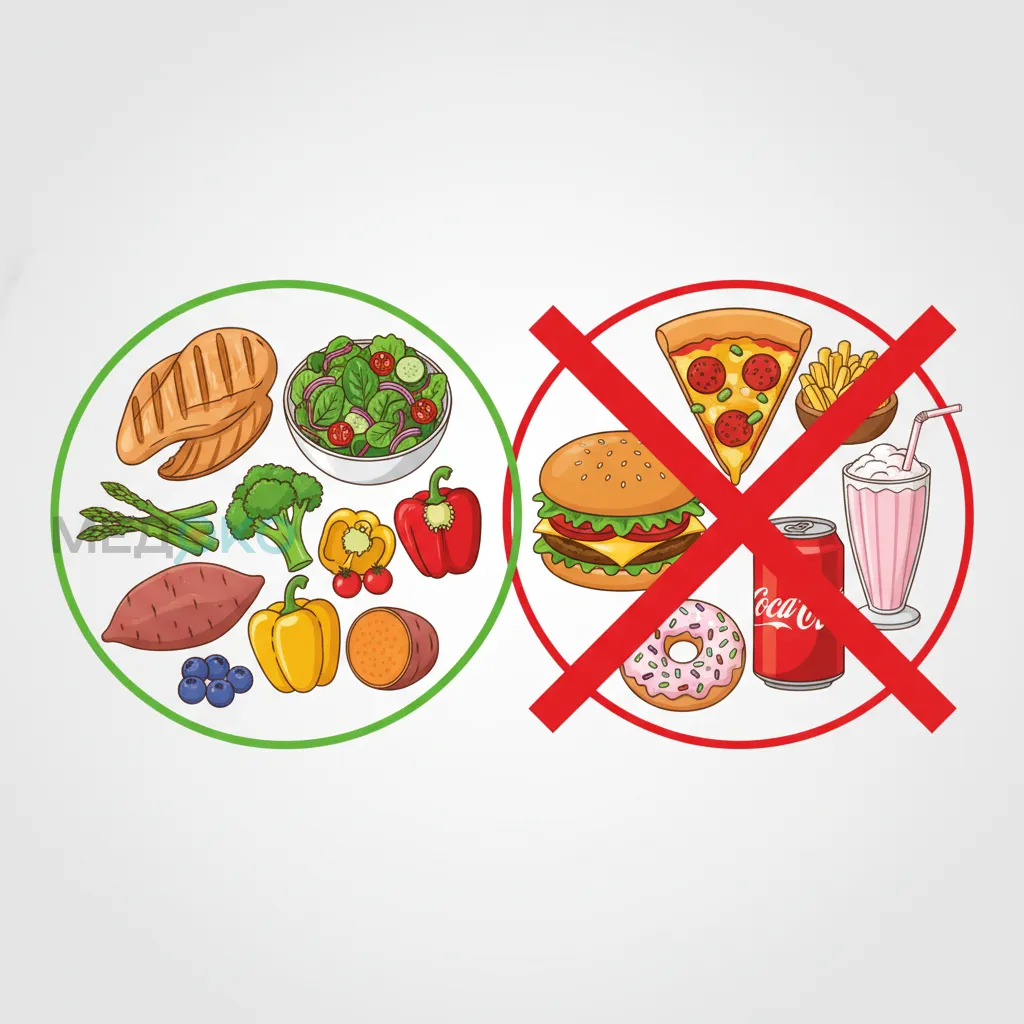Изображение полезных продуктов (овощи, нежирное мясо) и перечеркнутых вредных (фастфуд, газировка)