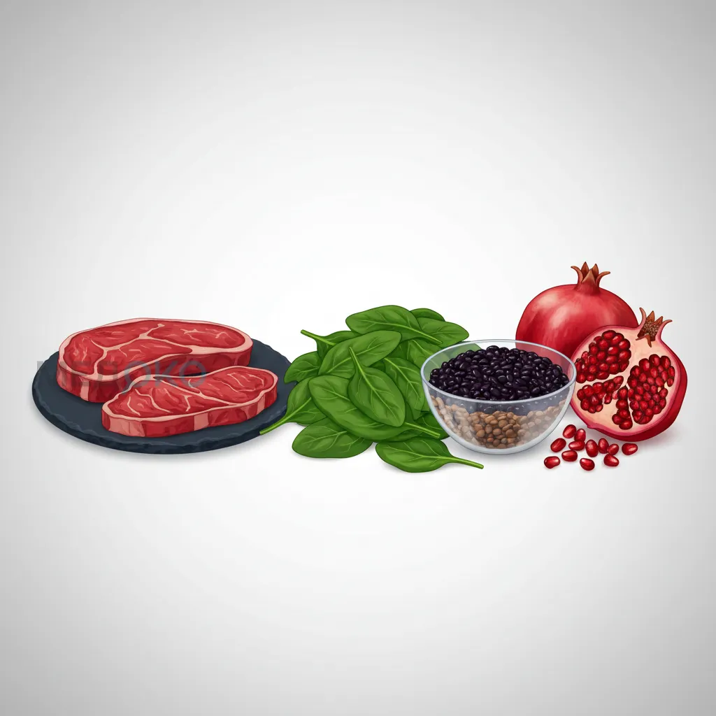 Продукты, богатые железом: красное мясо, шпинат, бобовые, гранат