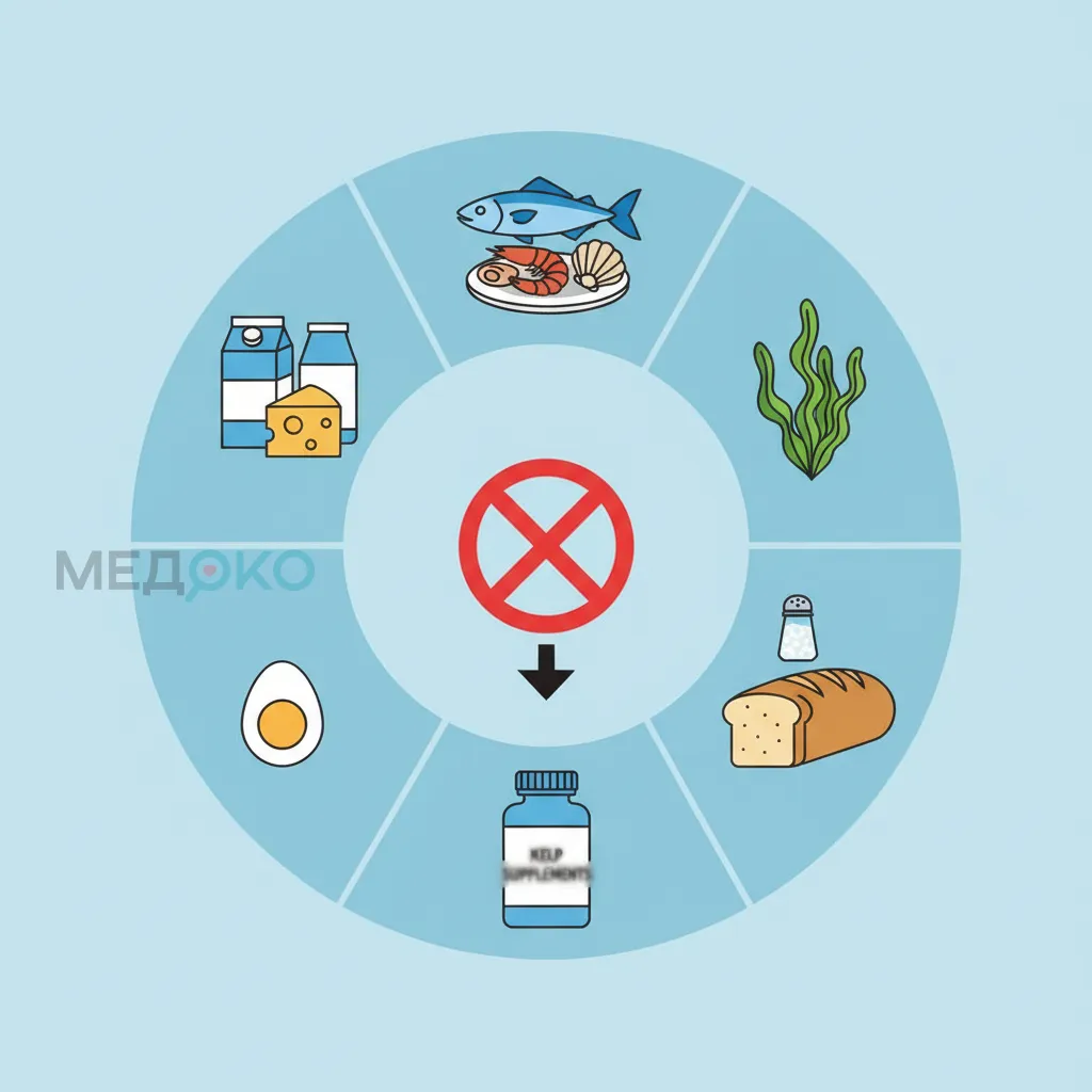 Инфографика, показывающая продукты с высоким содержанием йода, которые следует исключить перед анализом.