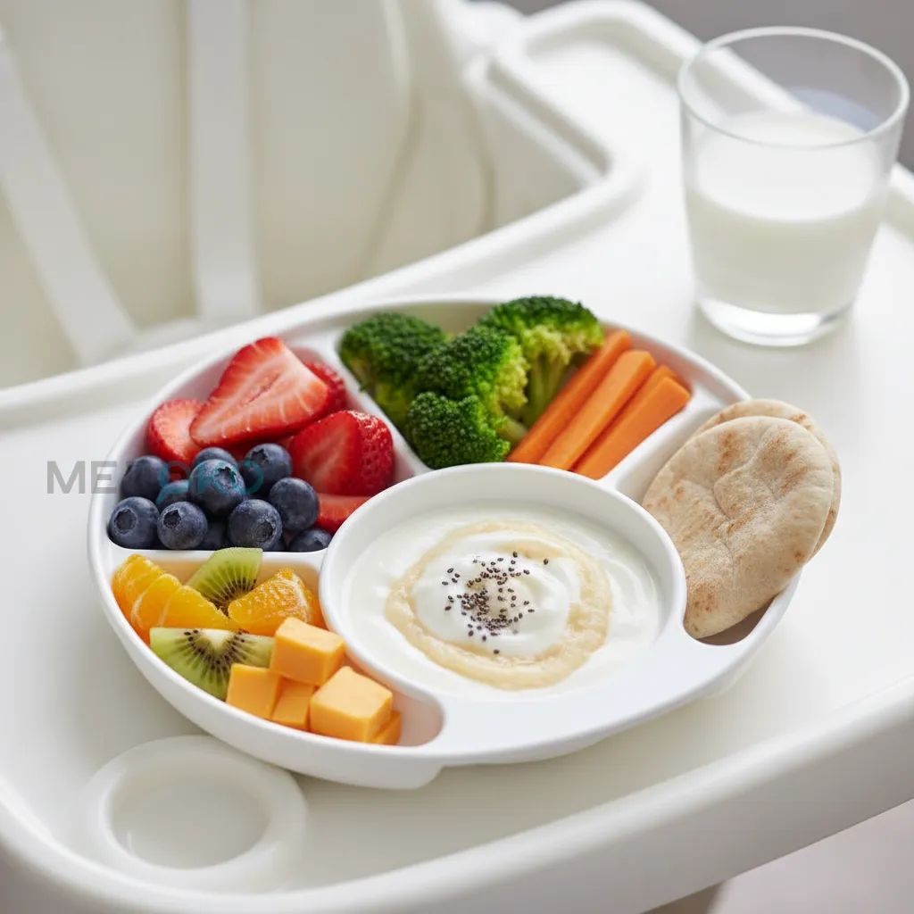 Разнообразные фрукты, овощи и молочные продукты на детской тарелке