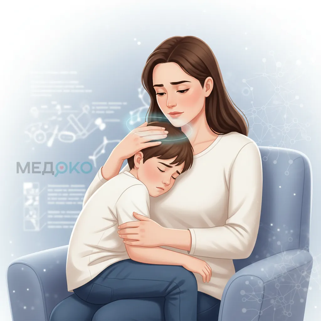 Мама утешает ребенка, у которого болит голова