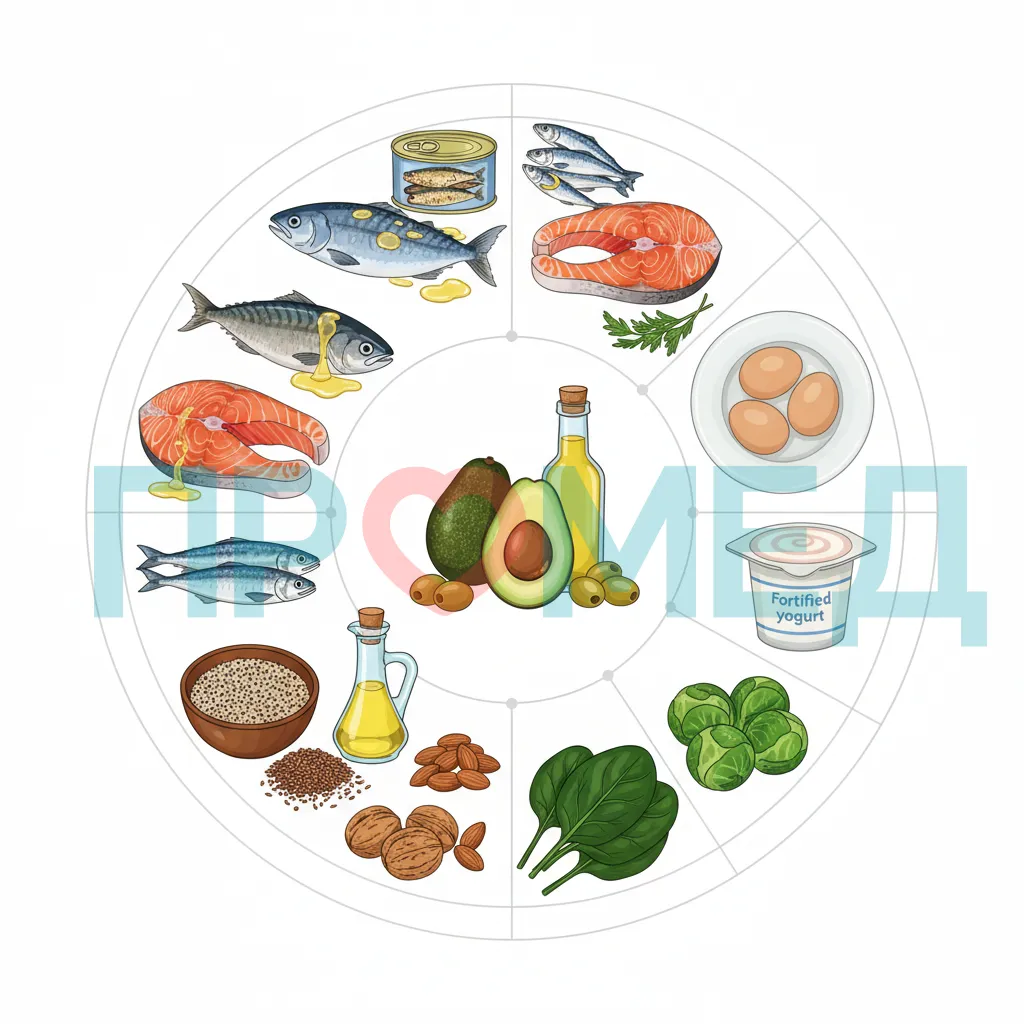 Разнообразие продуктов, богатых Омега-3 жирными кислотами. 