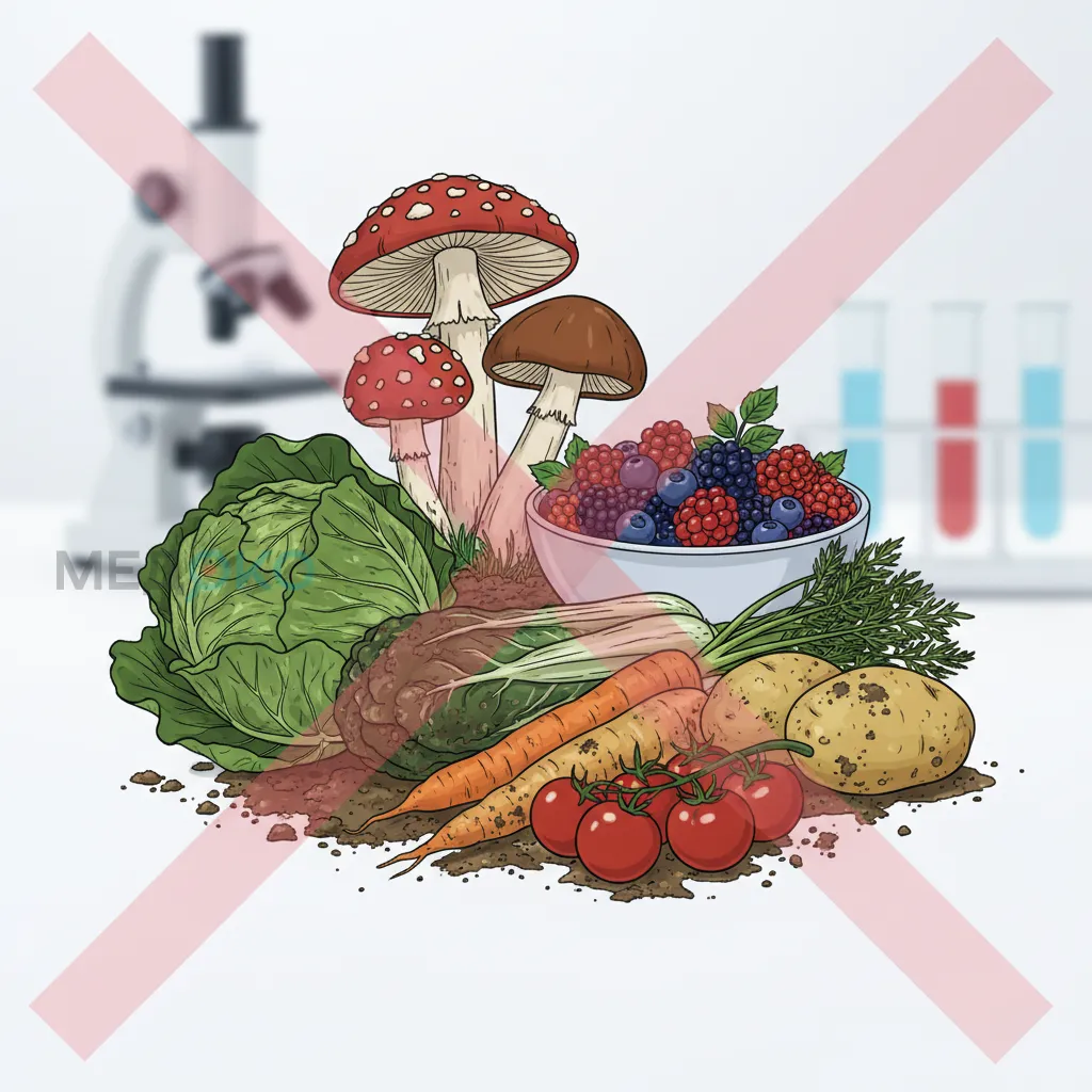 Разнообразные продукты, которые могут стать причиной пищевого отравления, например, грибы, ягоды, немытые овощи.