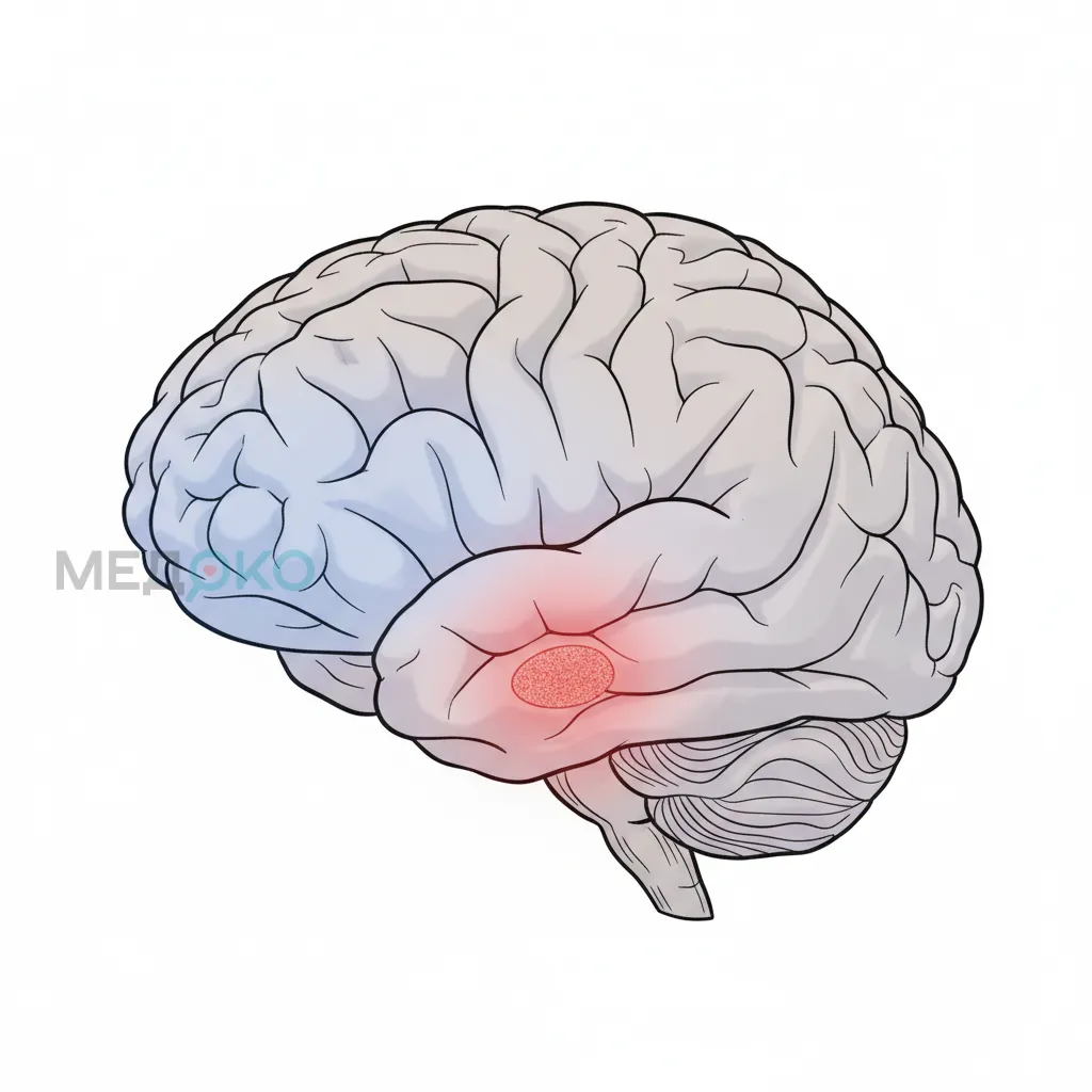 Схематическое изображение мозга с выделенной миндалиной и префронтальной корой