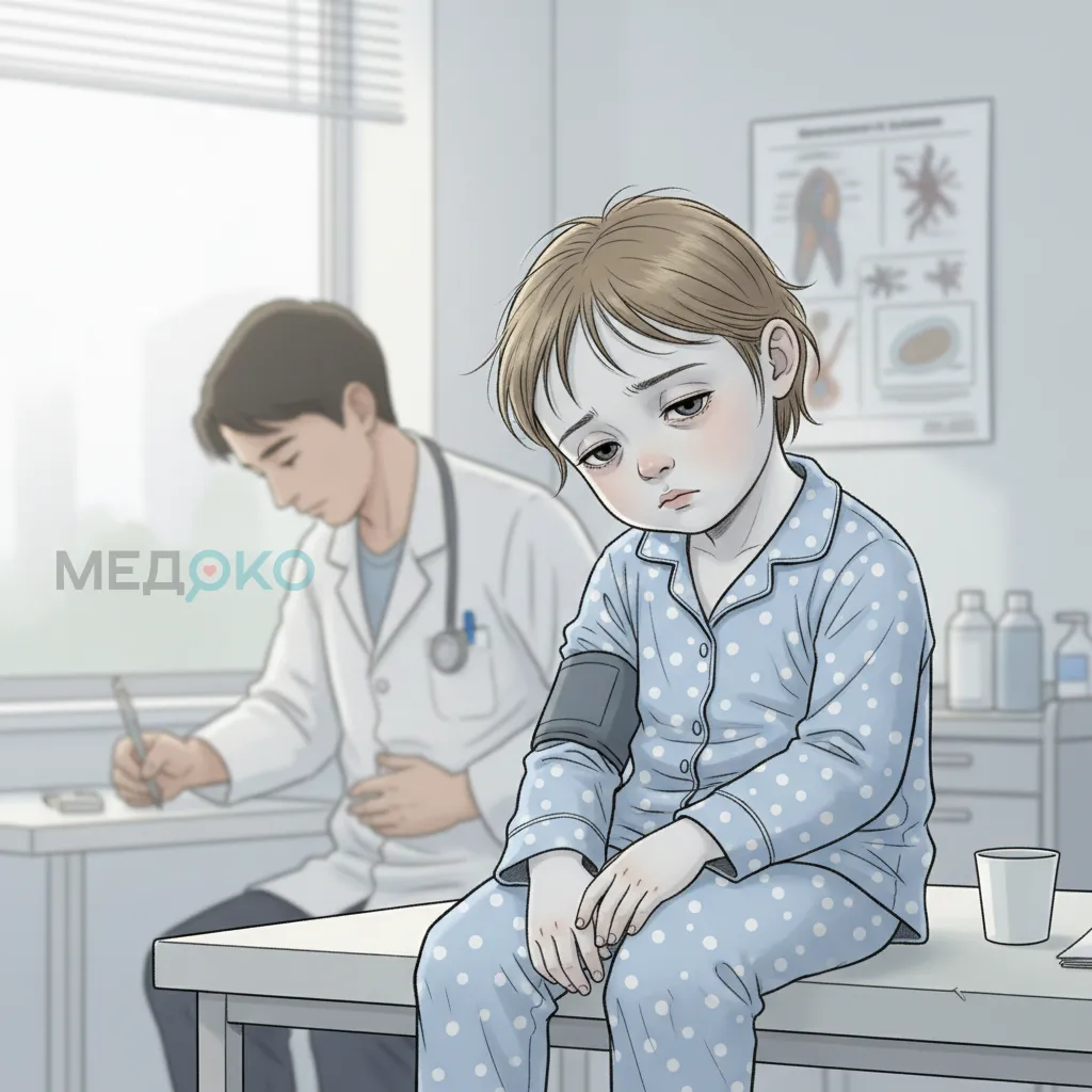 Ребенок с бледностью кожи и усталостью, типичными для анемии