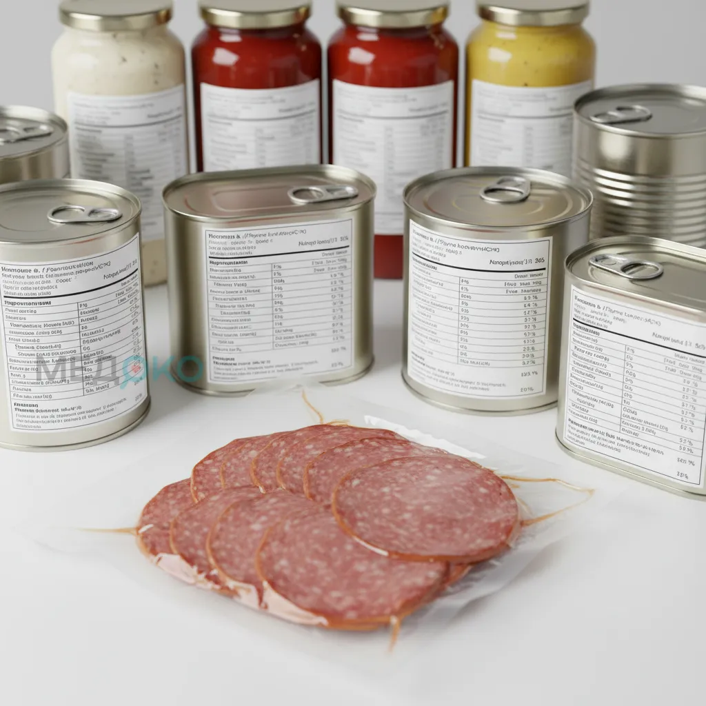 Упаковка с обработанными продуктами, такими как колбаса, консервы и соусы, с акцентом на этикетки с составом