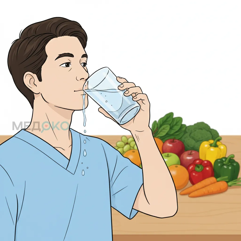Человек пьет стакан чистой воды, на фоне видны свежие овощи и фрукты