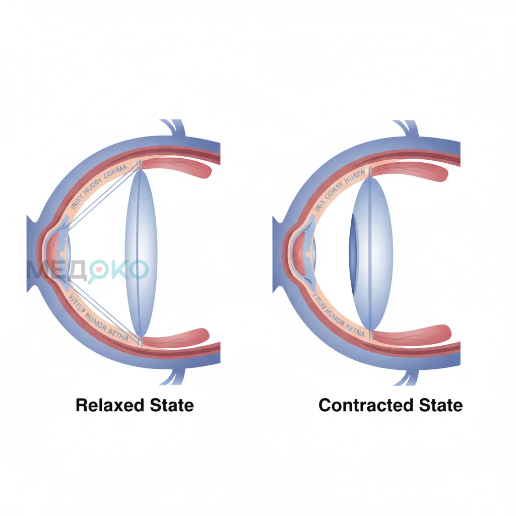 Схематичное изображение глаза с указанием хрусталика и цилиарной мышцы в напряженном и расслабленном состоянии