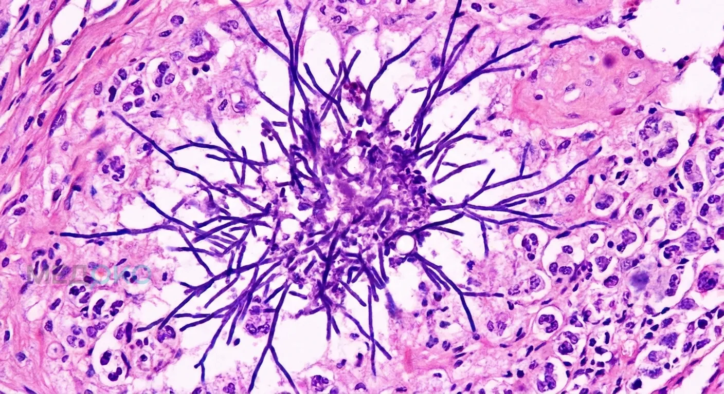 Микроскопия возбудителя Actinomyces с формированием ветвящихся нитей, Актиномикоз бактерии под микроскопом лучистый грибок