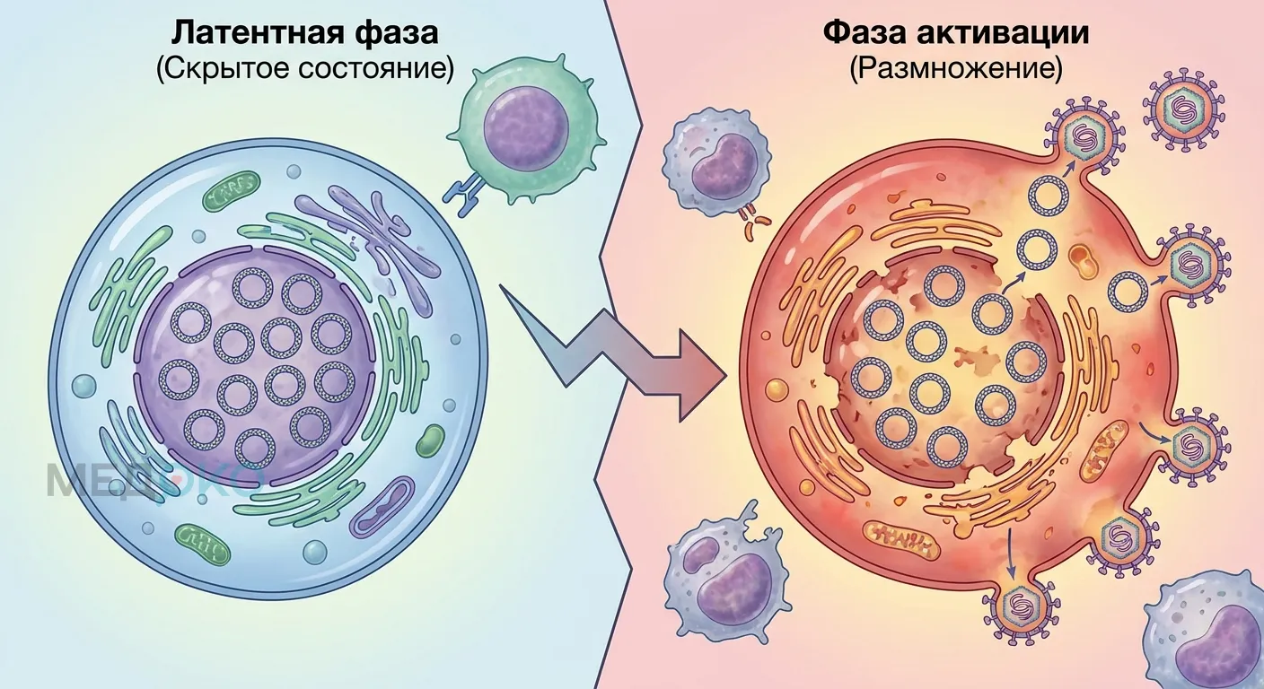 Инфографика: как вирус Эпштейна-Барр скрывается в В-лимфоцитах и активируется при снижении иммунитета Активация вируса Эпштейна-Барр