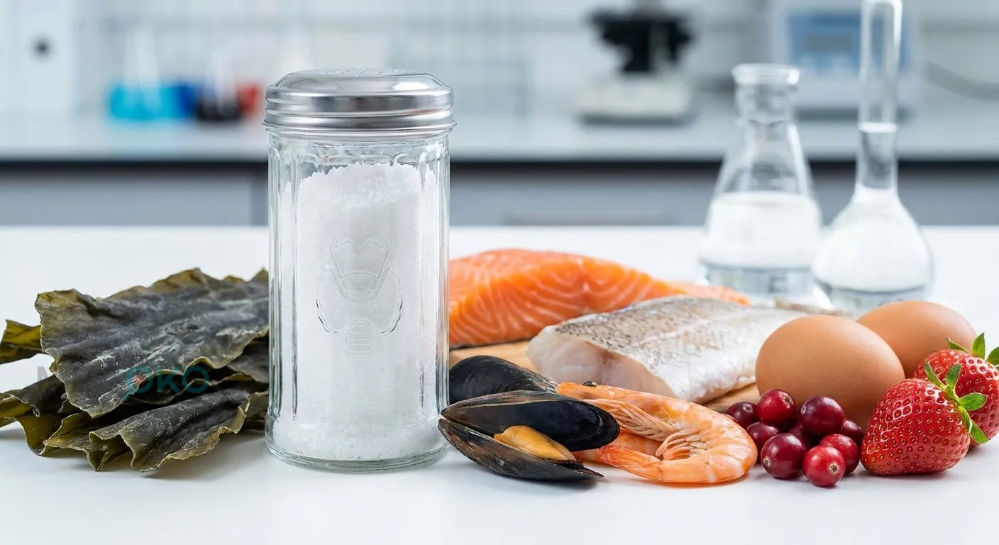 Упаковка йодированной соли и продукты, богатые йодом, для профилактики заболеваний щитовидной железы