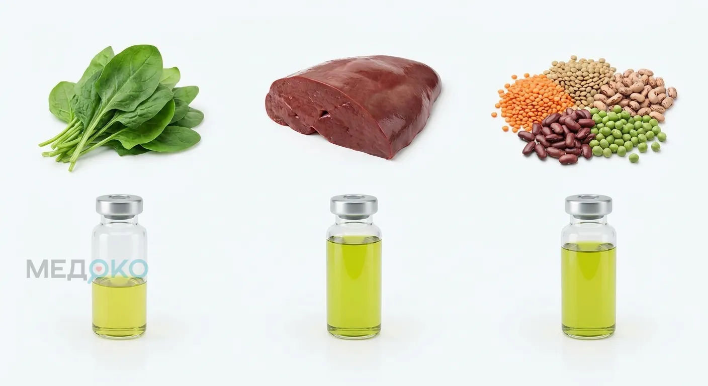 Таблица содержания фолиевой кислоты в различных продуктах питания: шпинат, печень, бобовые