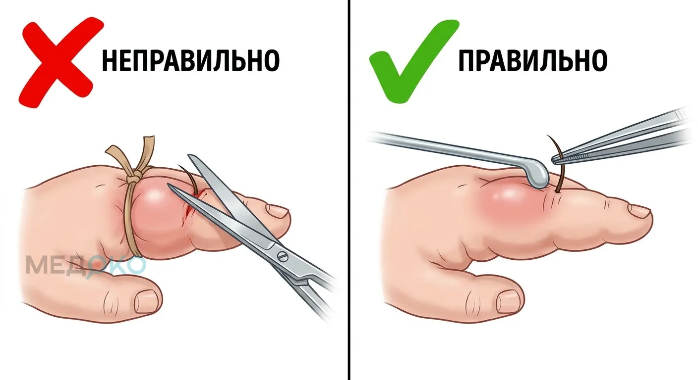 Схема правильного и неправильного снятия волосяного турникета с пальца