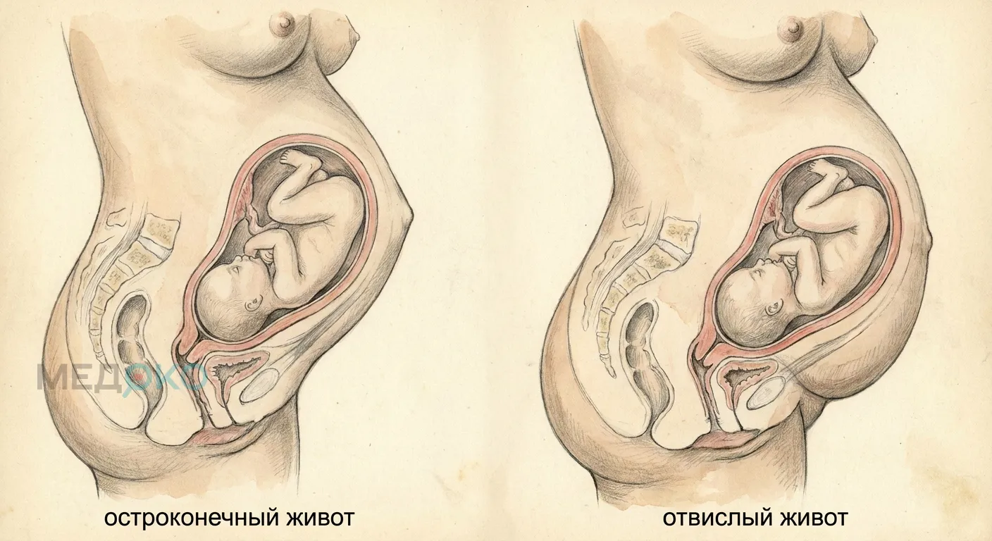 Остроконечный и отвислый живот беременной при узком тазе