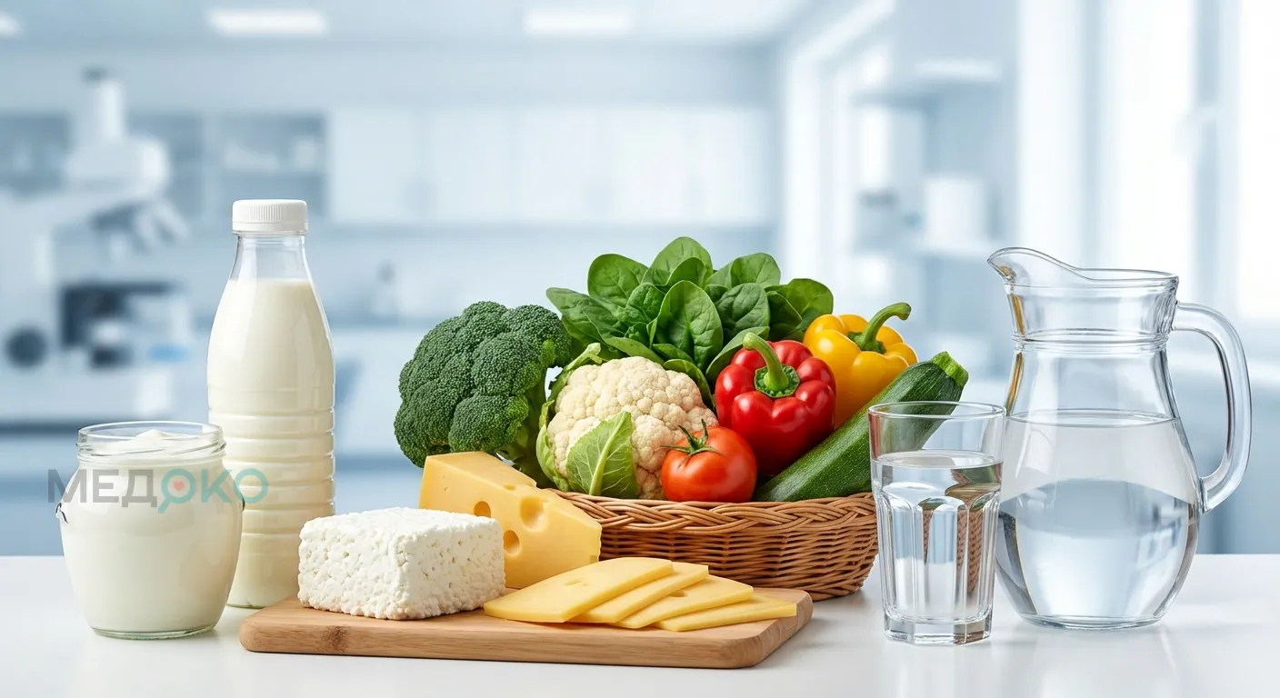 Продукты, рекомендованные при подагрическом артрите: молочные продукты, овощи, чистая вода