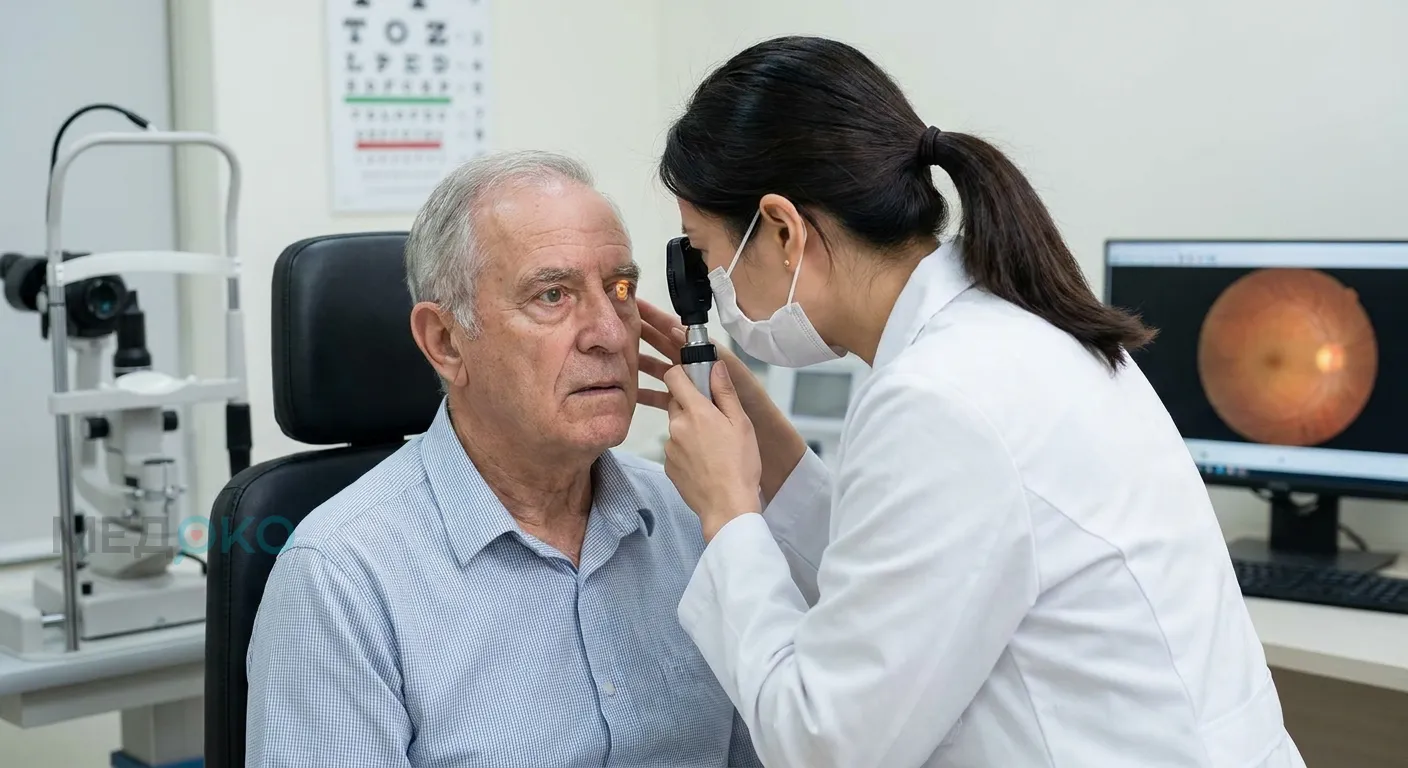 Врач-офтальмолог проводит осмотр глазного дна у пациента с жалобой на пелену
