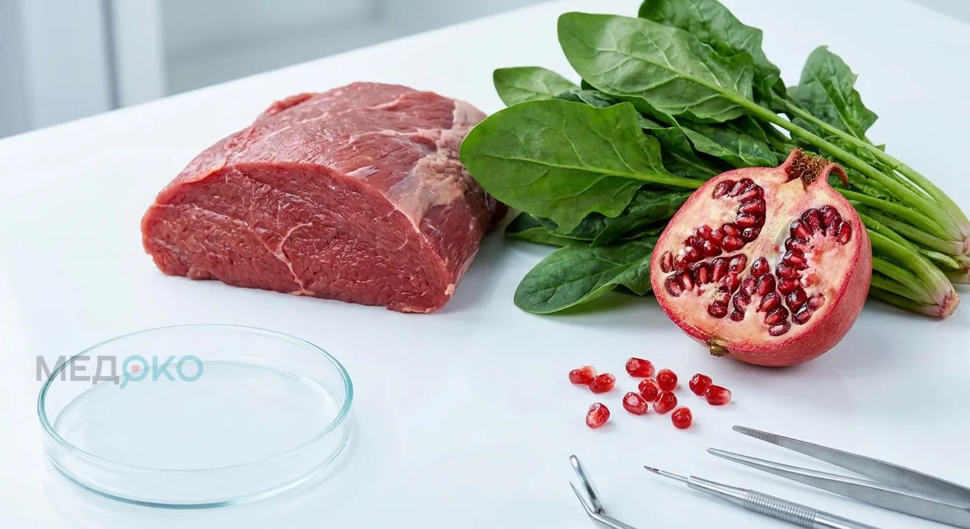 Бледность слизистых: продукты богатые железом для профилактики анемии, мясо, шпинат, гранат