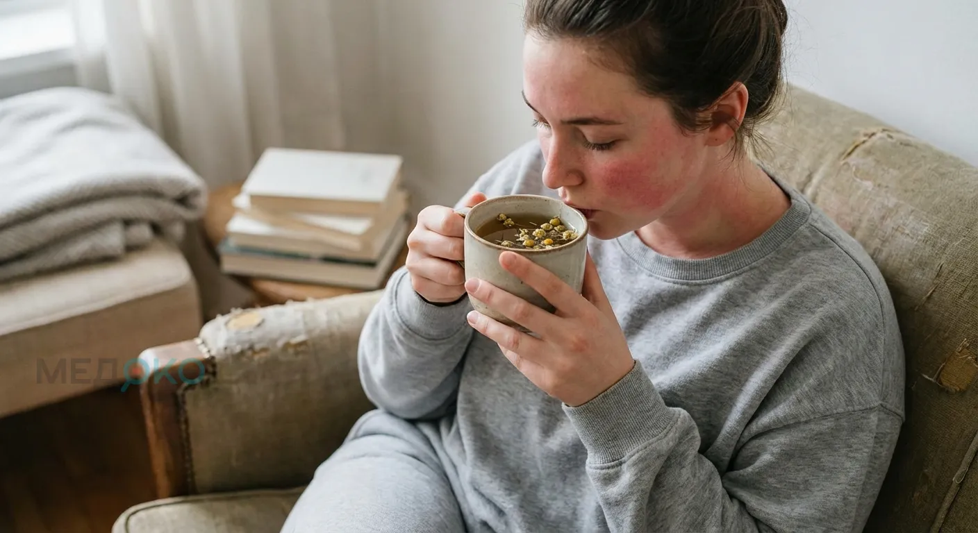 Девушка в домашней одежде с легким покраснением на щеках и шее пьет ромашковый чай, пытаясь успокоиться