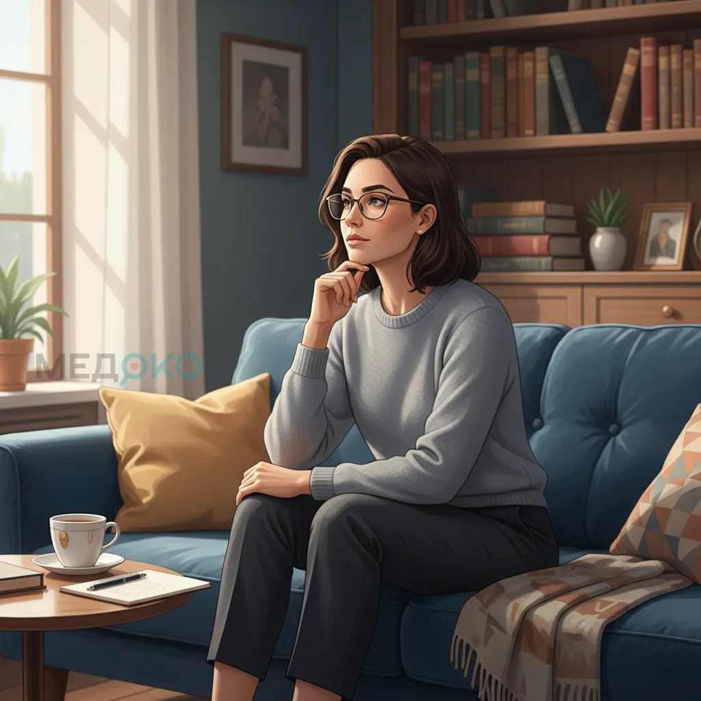Женщина в очках смотрит вдаль с задумчивым видом, сидя на диване в уютной обстановке