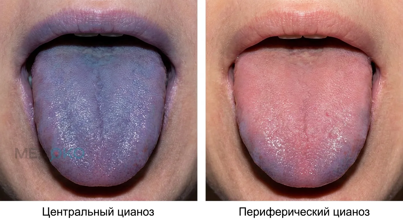 Дифференциальная диагностика центрального и периферического цианоза по цвету языка