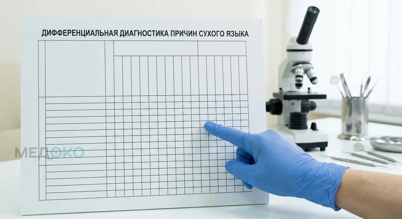 Фото: таблица дифференциальной диагностики причин сухого языка у пациента