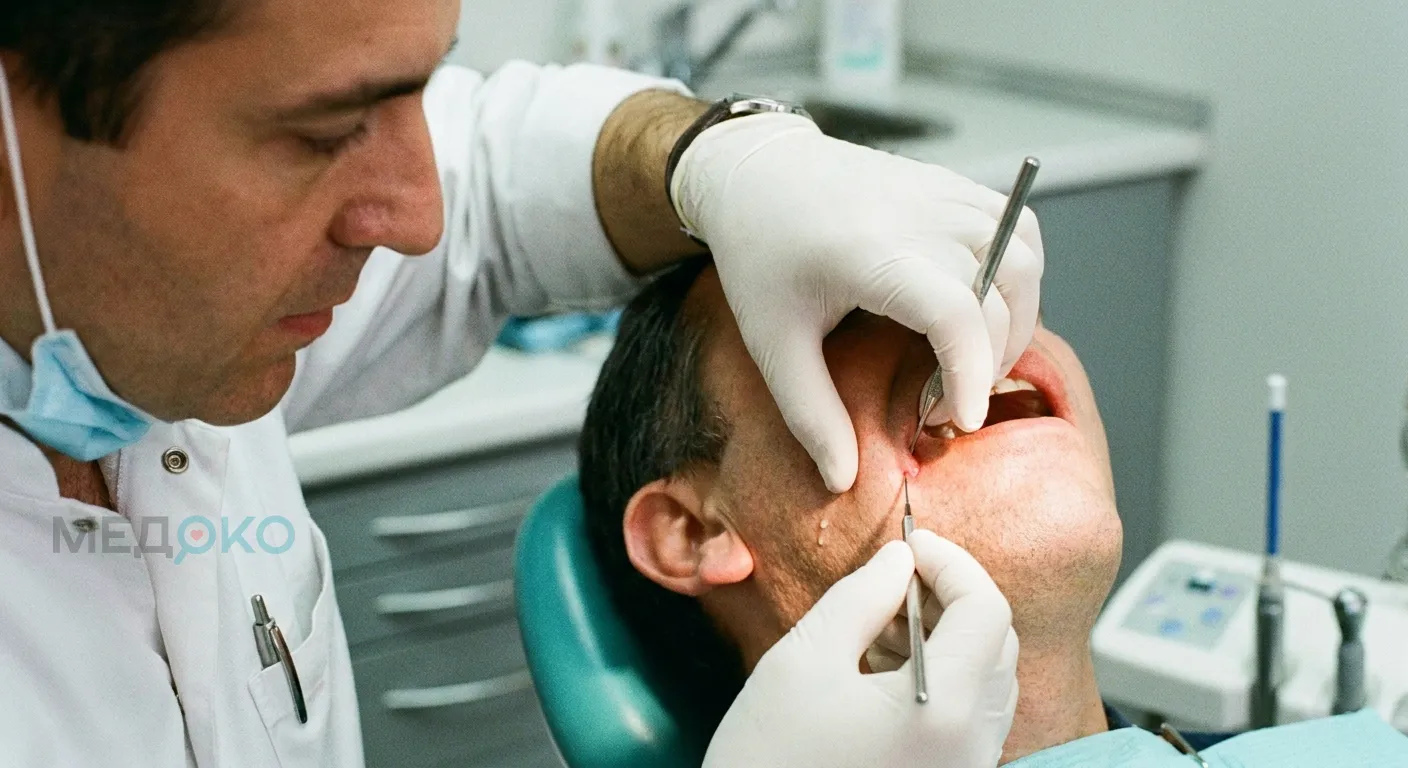 Фото: врач-стоматолог проводит тест на выделение слюны из протоков