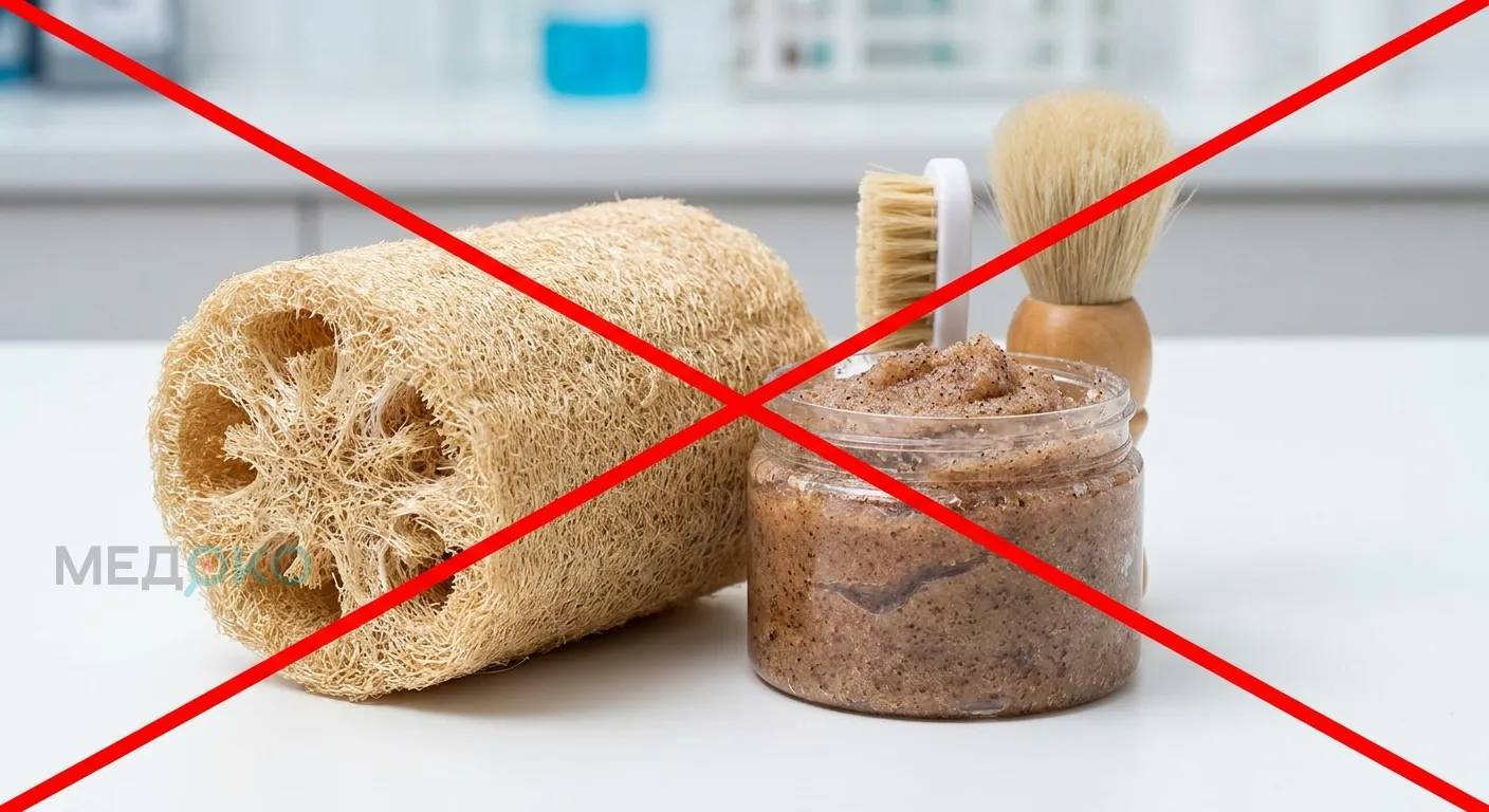 Перечеркнутая жесткая мочалка и средства агрессивного пилинга, иллюстрирующие запрет на механическое повреждение кожи при черном акантозе