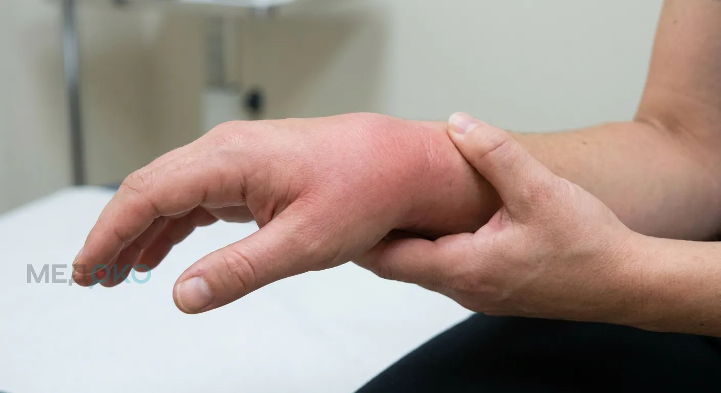 Пациент держится за больное запястье, воспаление сустава кисти