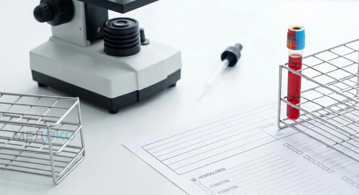 Пробирка с кровью и бланк лабораторного анализа на гемоглобин и ферритин для диагностики анемии