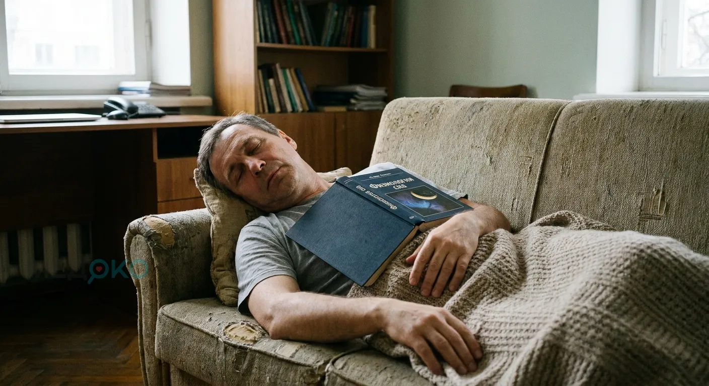 Мужчина уснул на диване с книгой в руках
