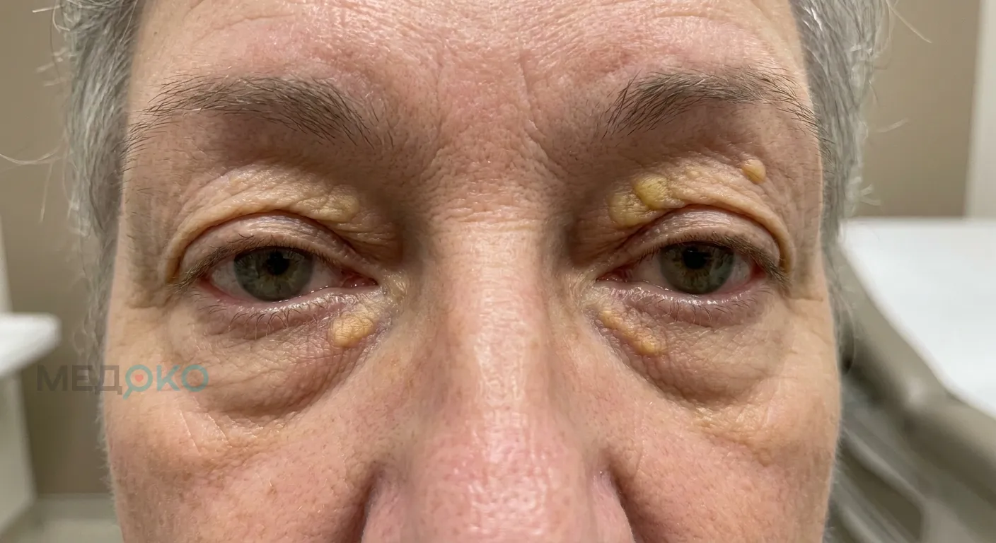 Желтые бляшки на веках ксантелазмы у пациента