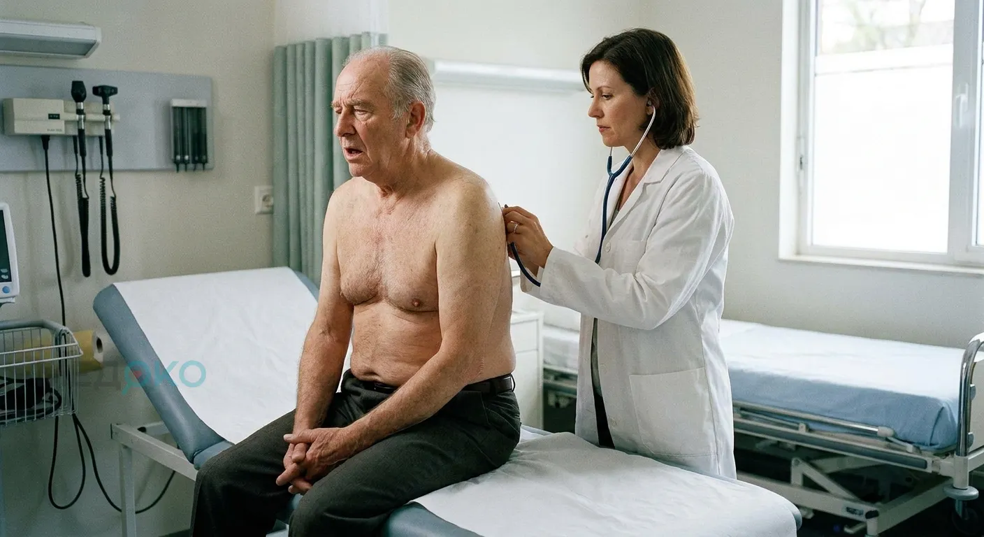 Врач слушает легкие стетоскопом - аускультация при Одышке в покое