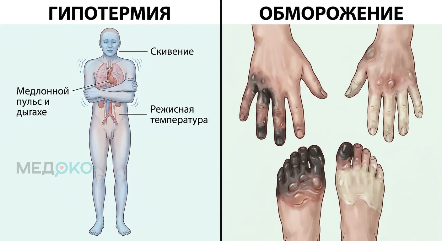 Сравнение признаков гипотермии и обморожения