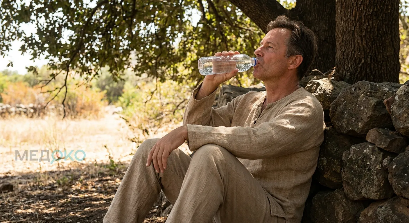Человек сидит в тени и пьет воду из бутылки