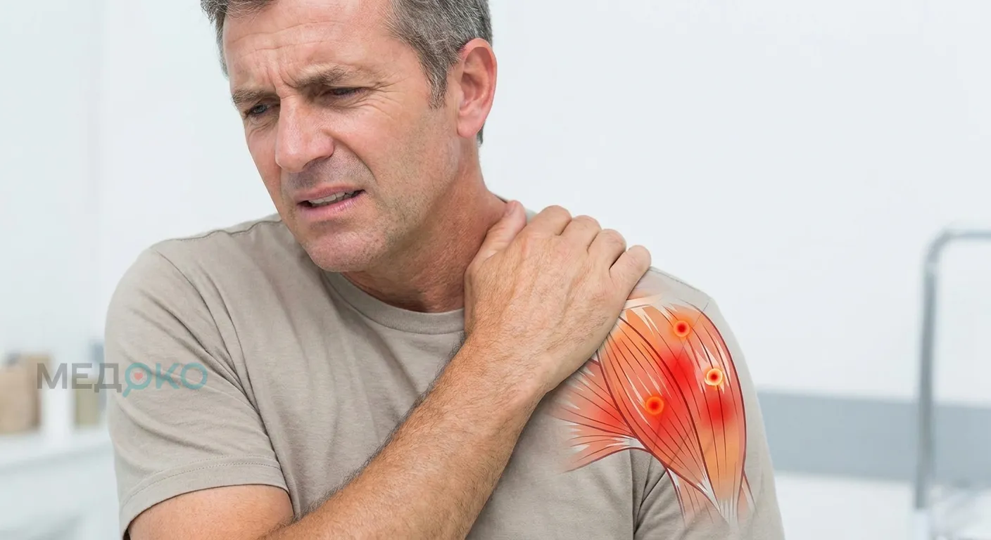 Мужчина держится за плечо, испытывая боль в мышцах (миалгия)