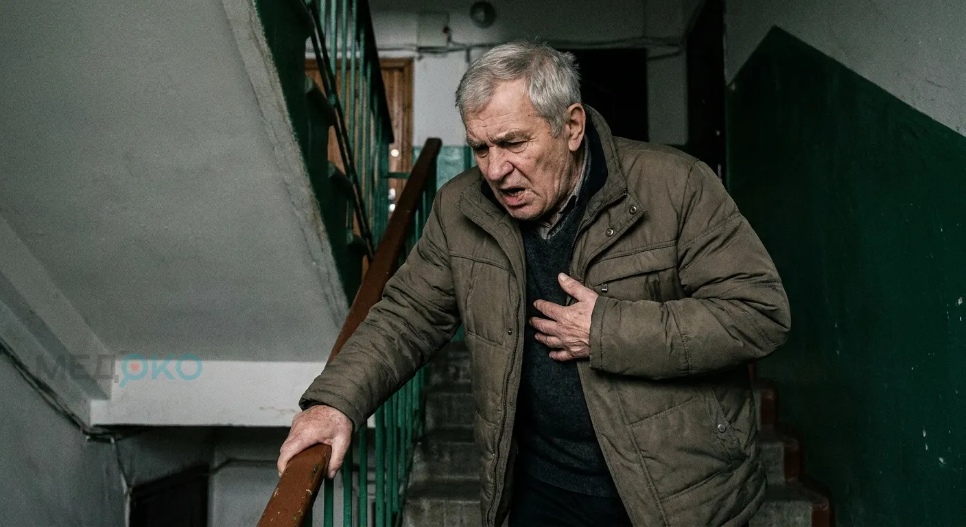 Пожилой мужчина держится за грудь испытывая чувство нехватки воздуха при подъеме по лестнице